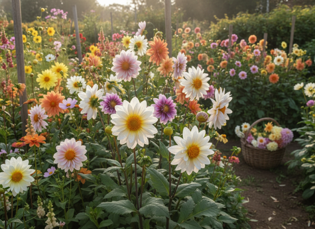 Collerette-dahlias in de pluktuin met open hart en elegantie