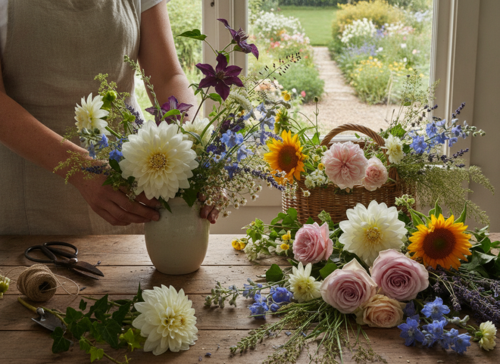 Een landelijk seizoensboeket schikken met bloemen uit eigen tuin