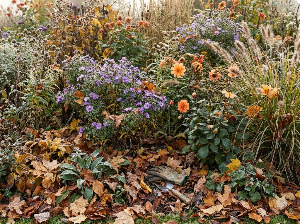 Border met afgevallen herfstblad tussen uitgebloeide vaste planten in het ochtendlicht