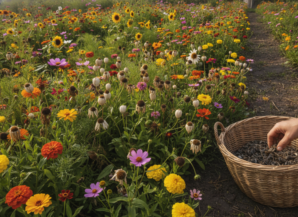 Gedroogde zaaddozen van bloemen op een houten tafel in de tuin
