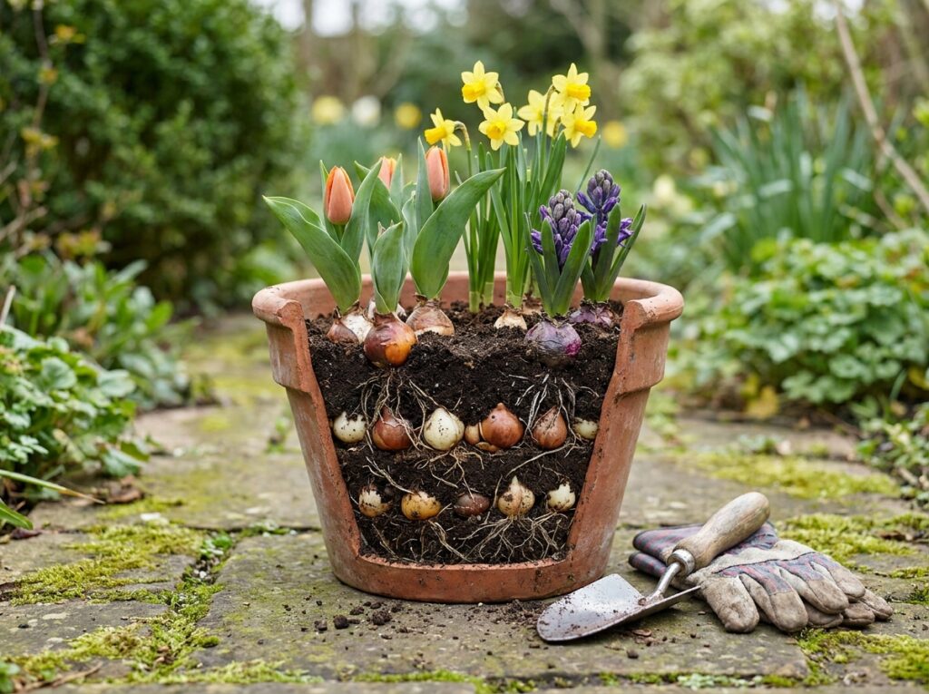 Terracotta pot met bloembollen die in lagen worden geplant, met potgrond en een schepje ernaast