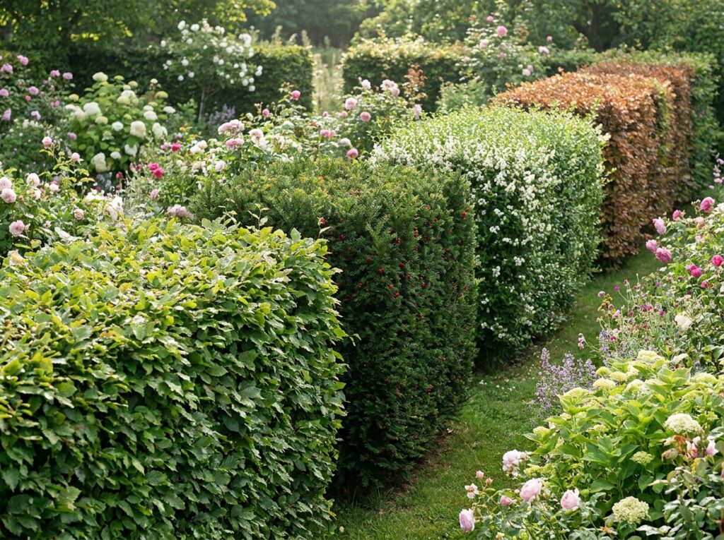 Strak geschoren haagbeuk langs een tuinpad in het najaarslicht
