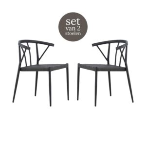 Nest outdoor Julian aluminium tuinstoel zwart - met rattan zitting - set van 2 van Leen Bakker