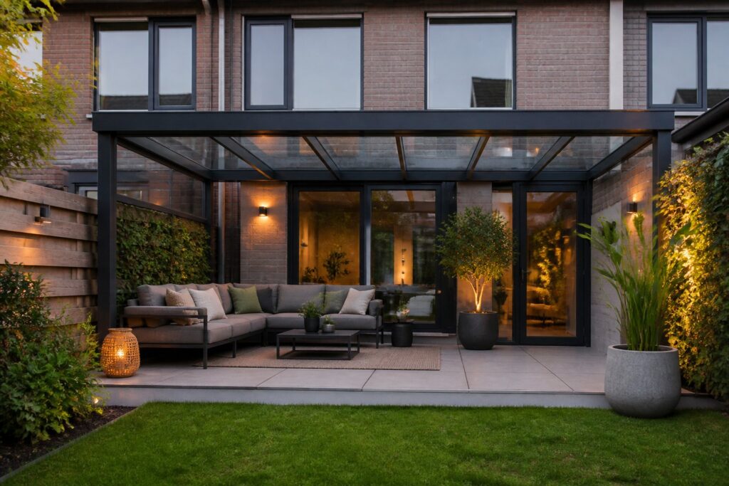 Veranda met glazen dak achter een Nederlandse woning
