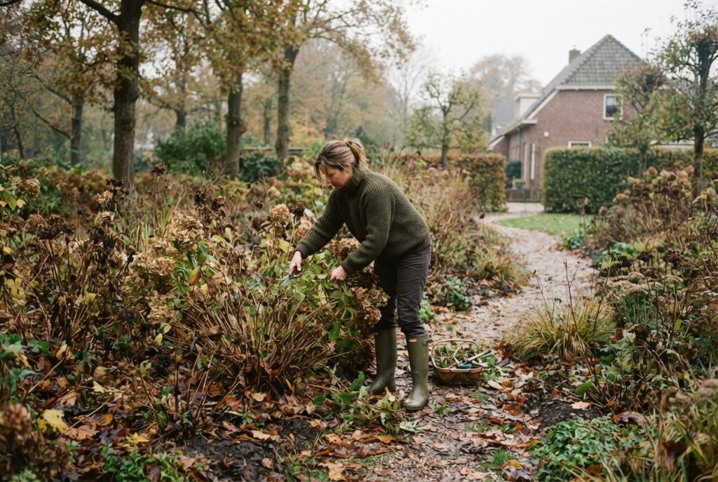 Vrouw op hoge rubberen regenlaarzen aan het werk in een herfstige border