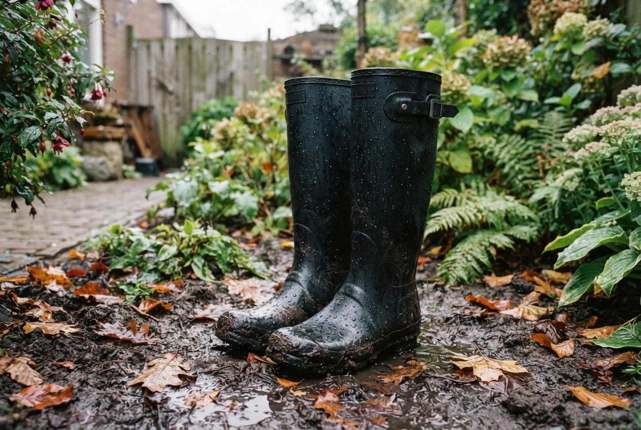 Hoge zwarte regenlaarzen op natte kleigrond in een tuinbed