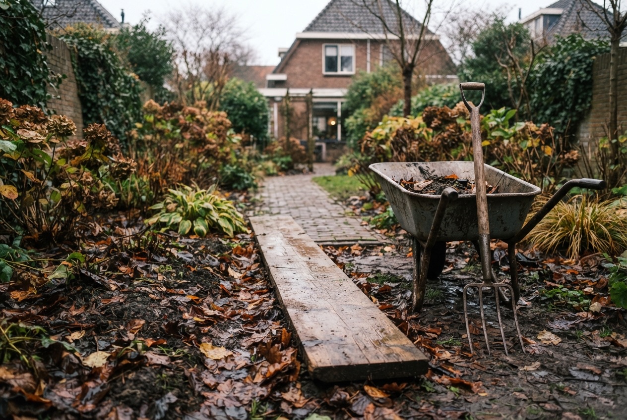 Houten plank als looppad door een natte border in de herfst